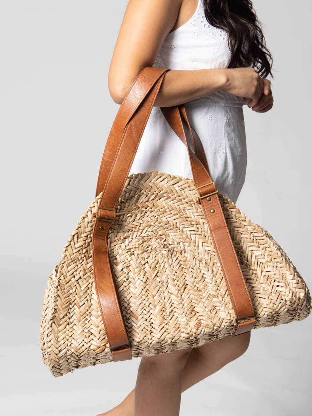 San Diego Hat Company Natural Straw Tote with Brown Leather Straps